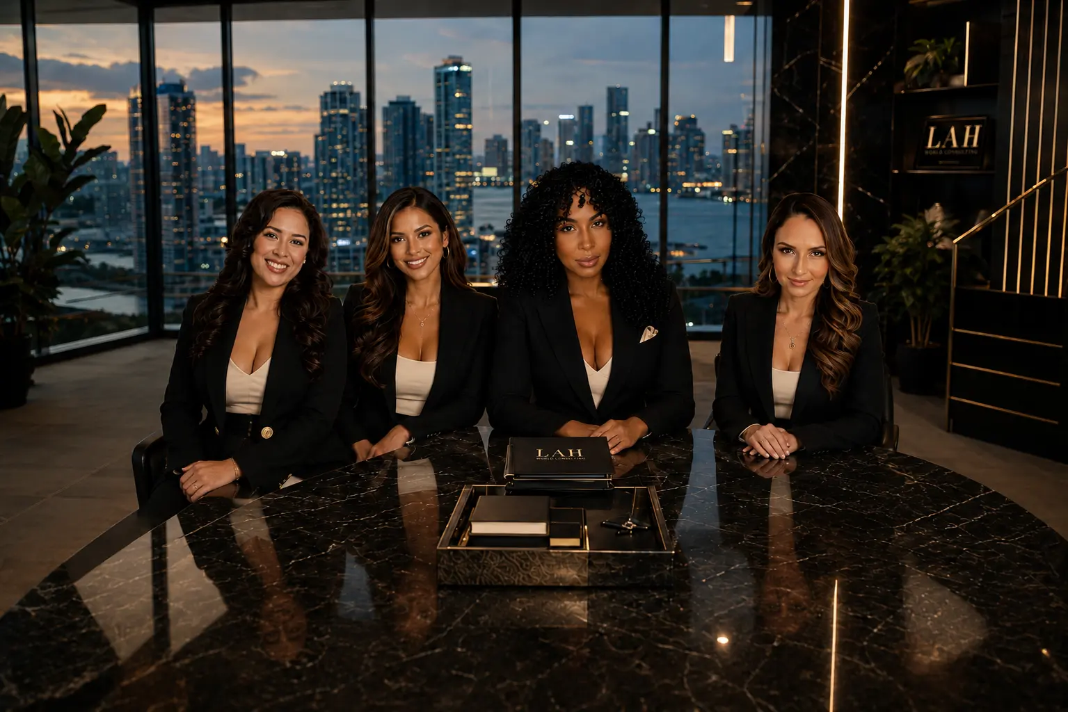 Four advisors in conversation at a luxury office overlooking a city at dusk