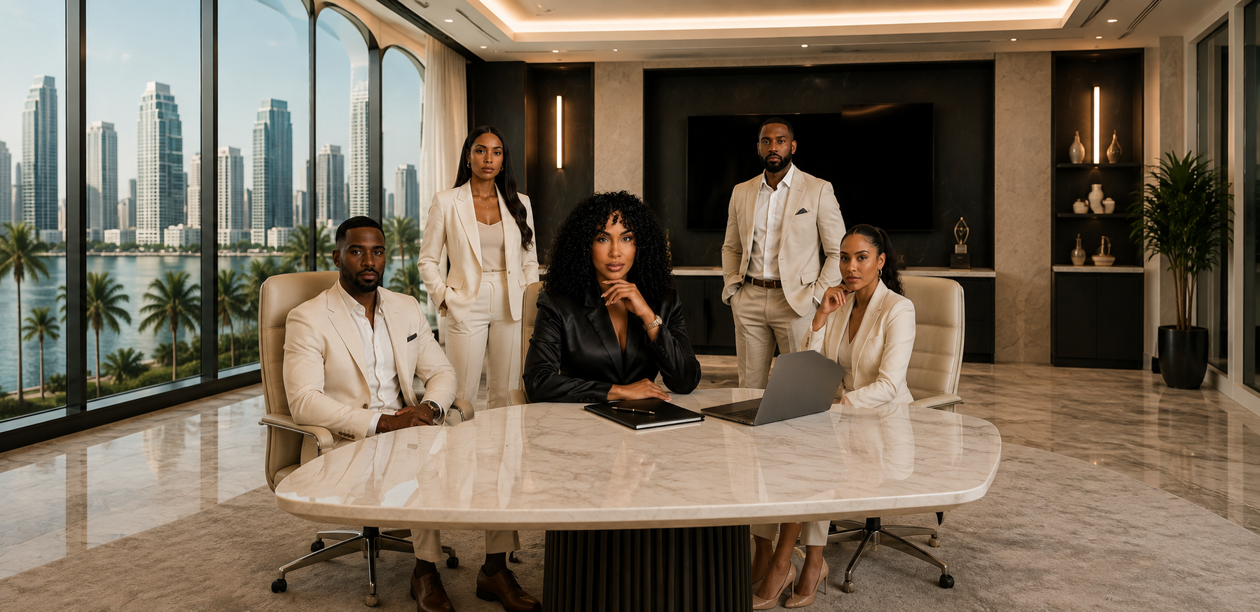 The Lah World Consulting leadership team gathered at a marble table in a sunlit executive office