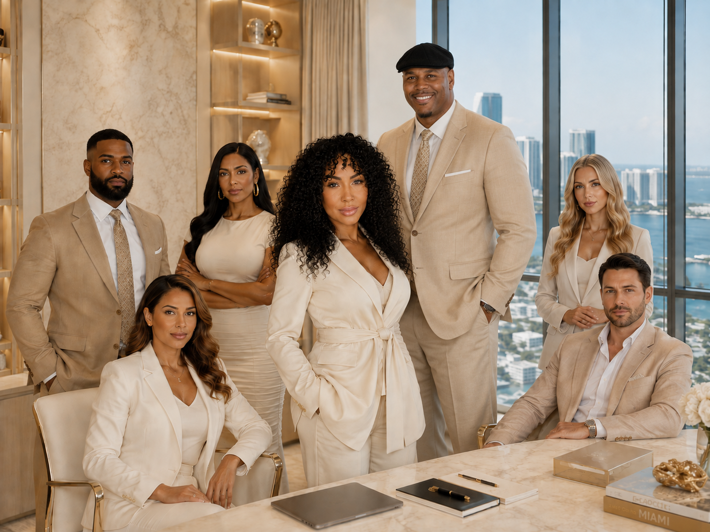 The Lah World Consulting team in a sunlit Miami office with marble interiors and a coastal skyline