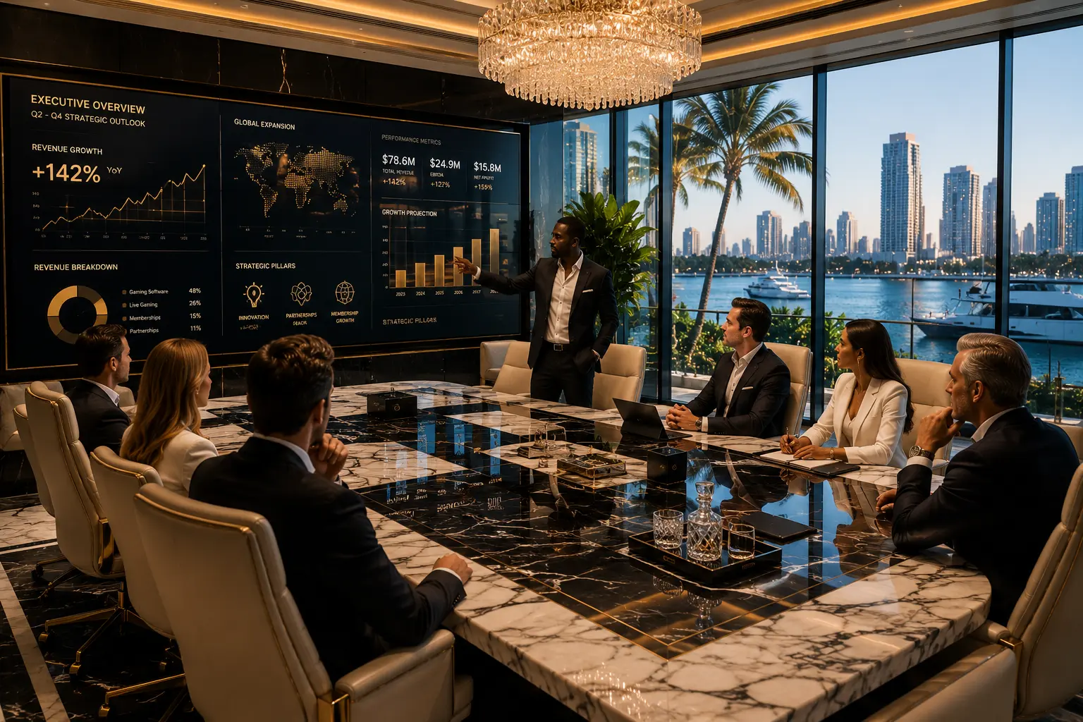 Executive briefing at a marble boardroom table at night