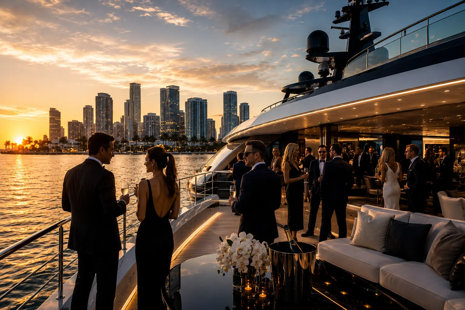 Evening reception aboard a private yacht at sunset