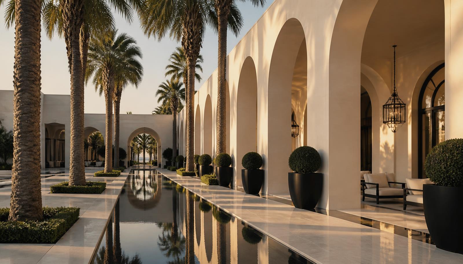 Cream limestone colonnade with palms and a reflecting pool at golden hour