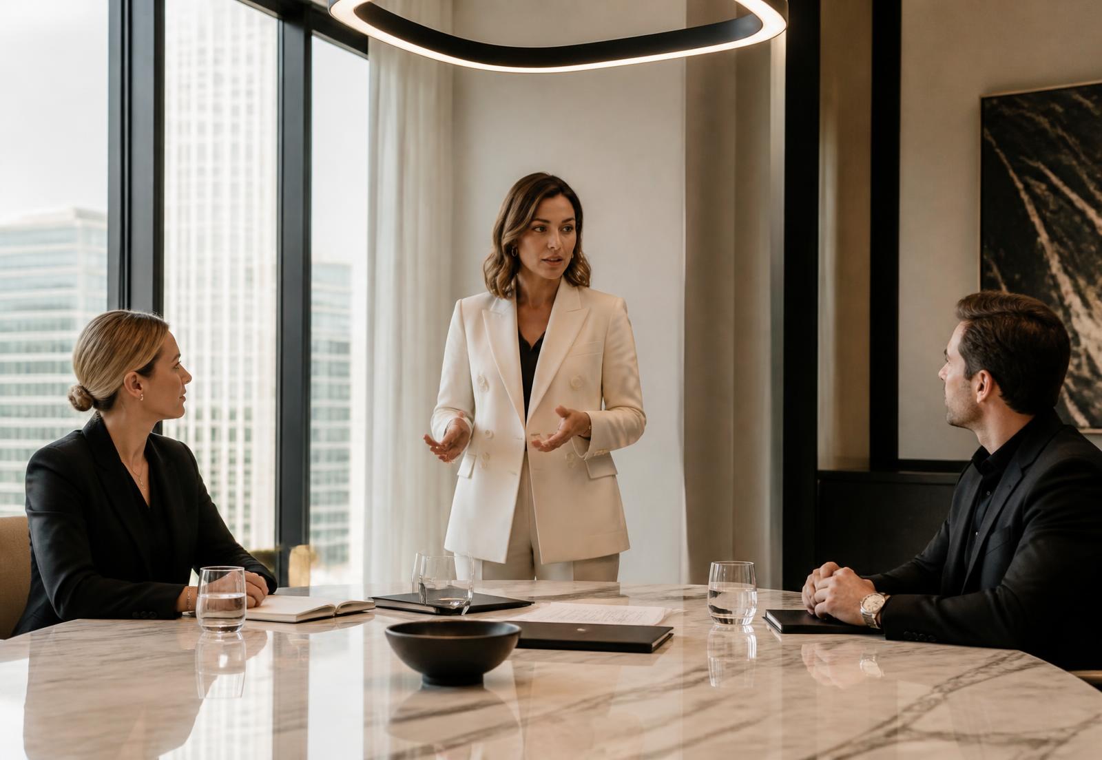 An advisor briefing two principals across a marble table in daylight
