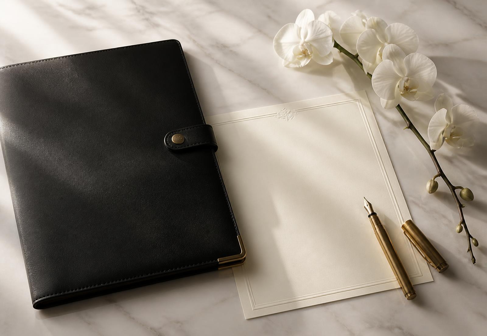 Black leather portfolio, cream letterhead and brass pen on marble