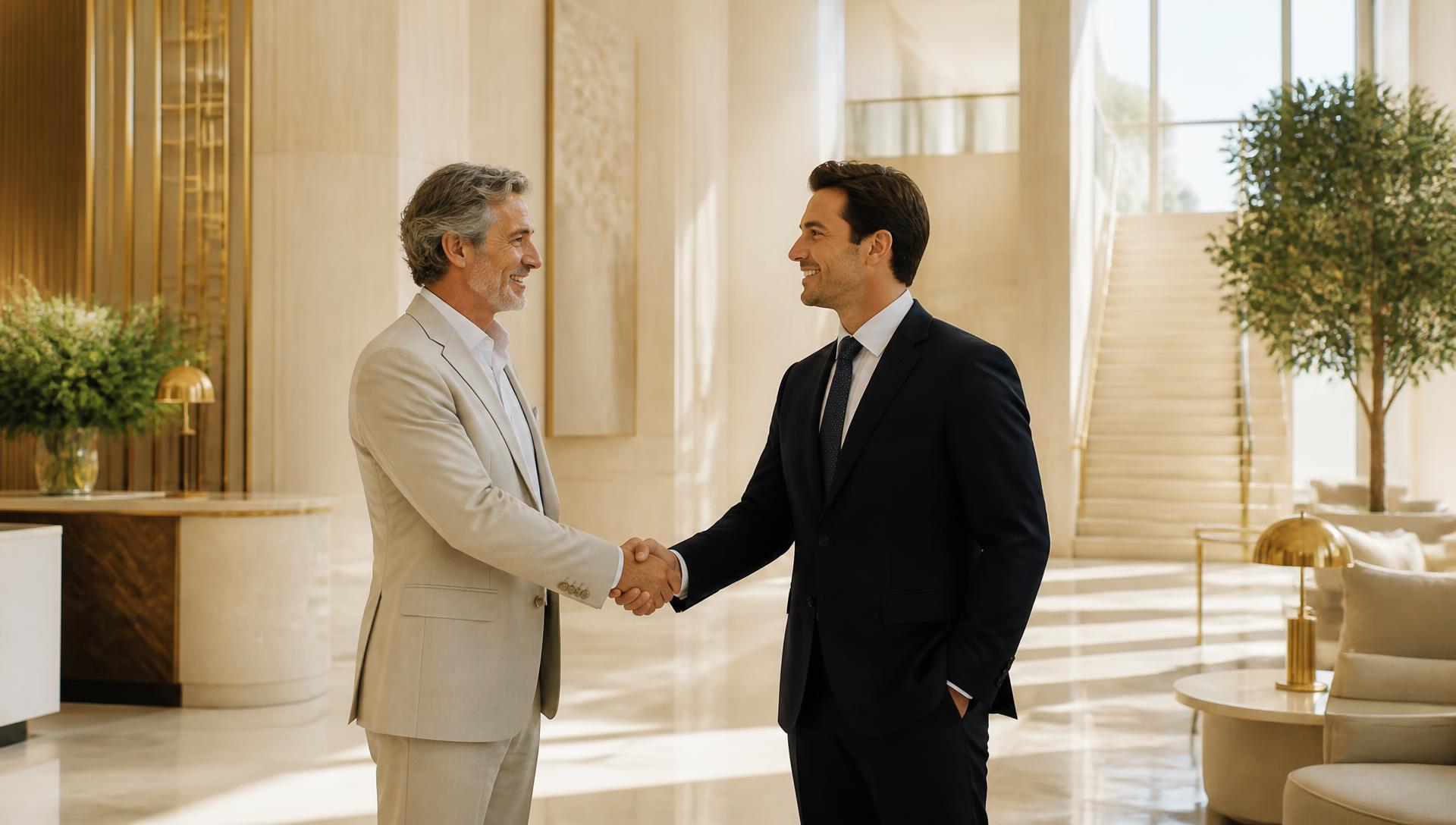 Two executives shaking hands in a bright ivory lobby