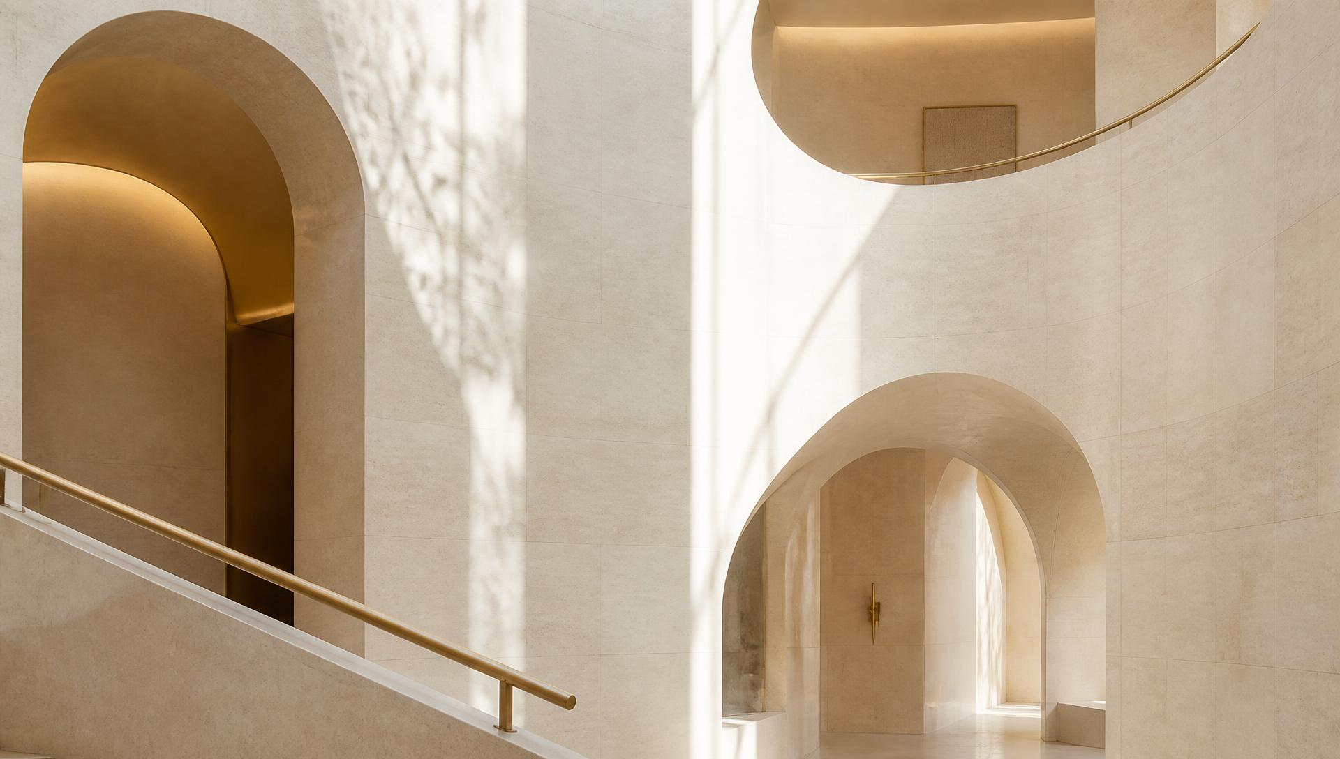 Cream limestone atrium with curved arches and brass handrail