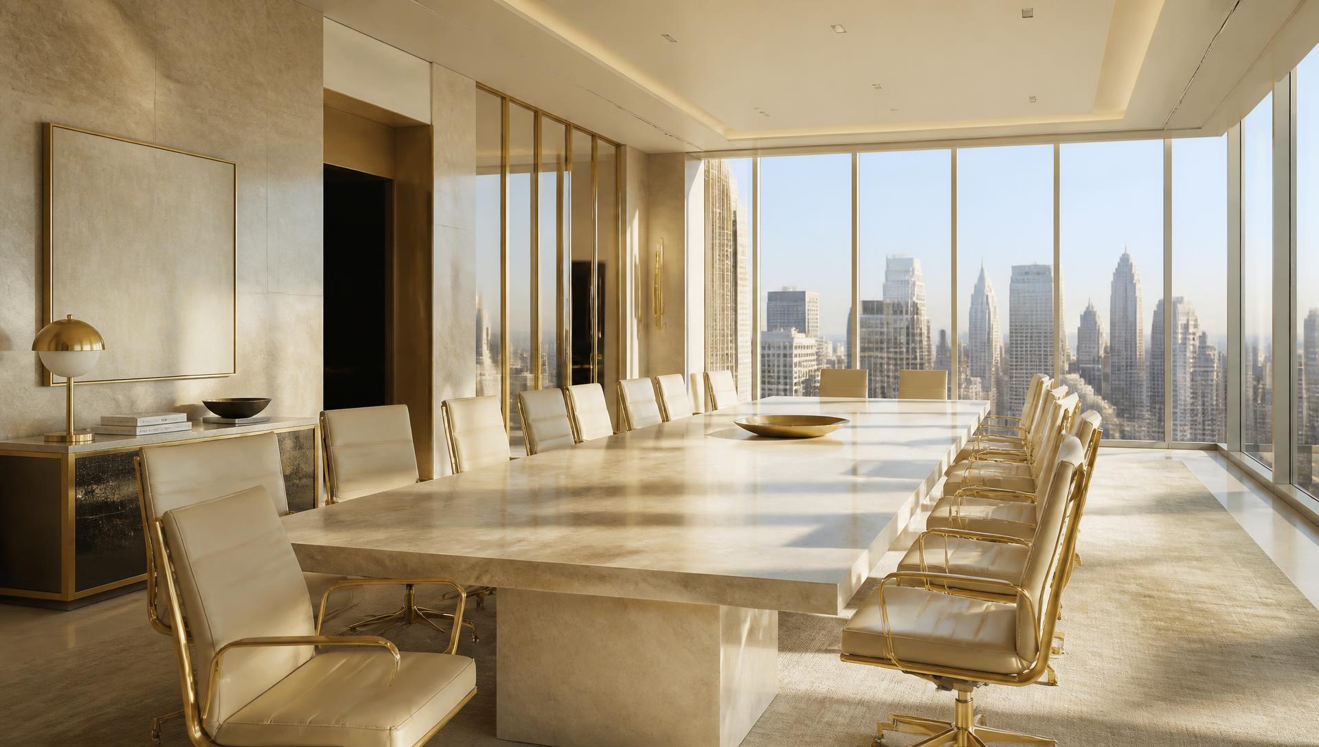 Bright boardroom with a pale stone table and warm morning light