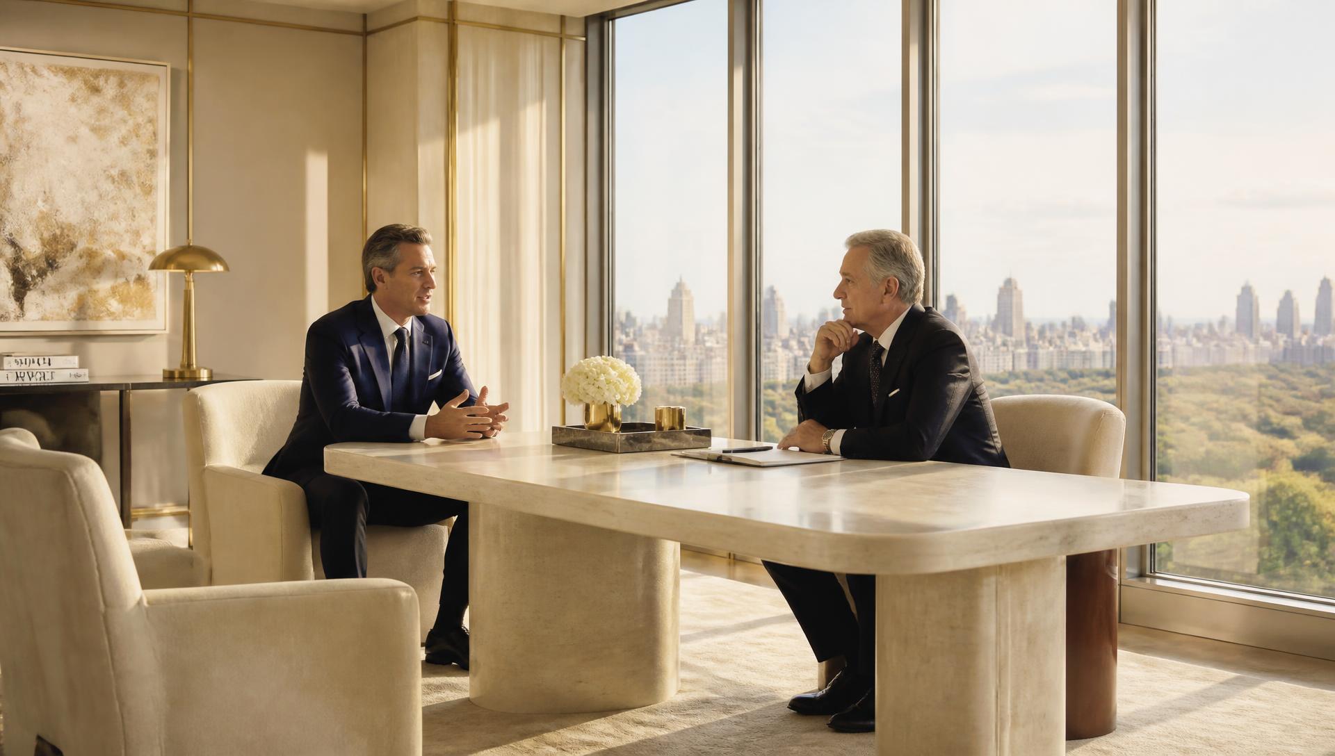 Two executives in conversation across a travertine table in a sunlit advisory office