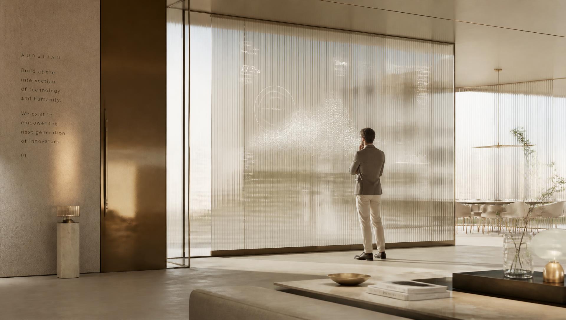 An executive studying data on a translucent glass display in a warm, light-filled studio