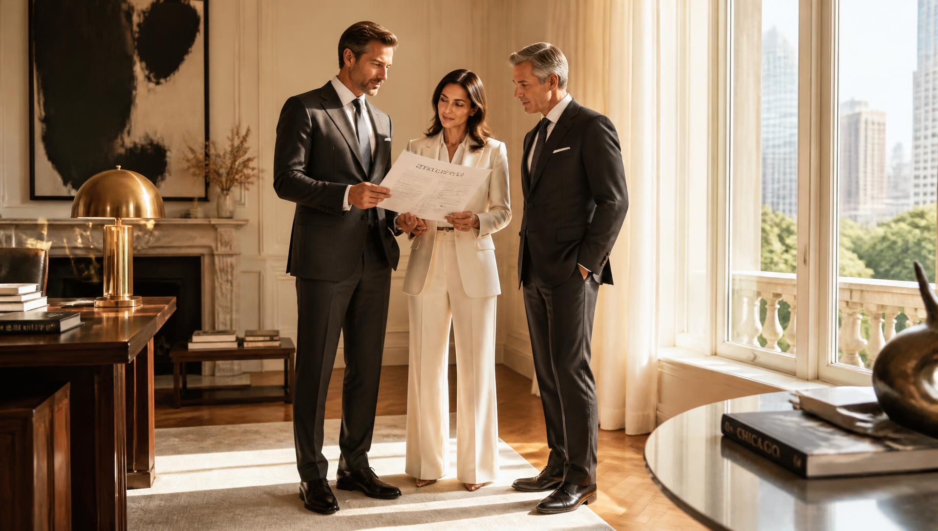 Leadership reviewing a printed strategy document by a bright window