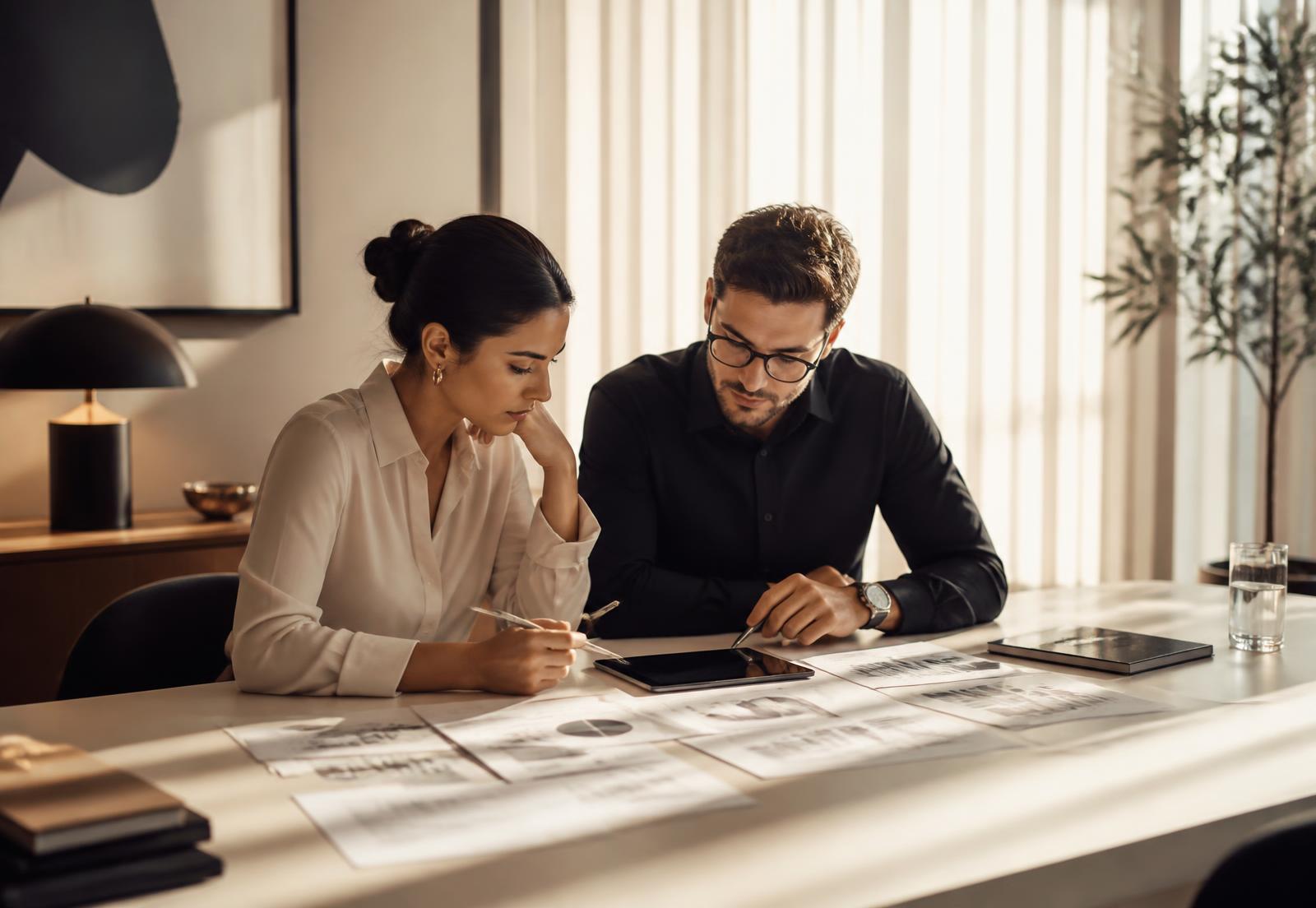 An executive studying data on a translucent glass display in a light-filled studio