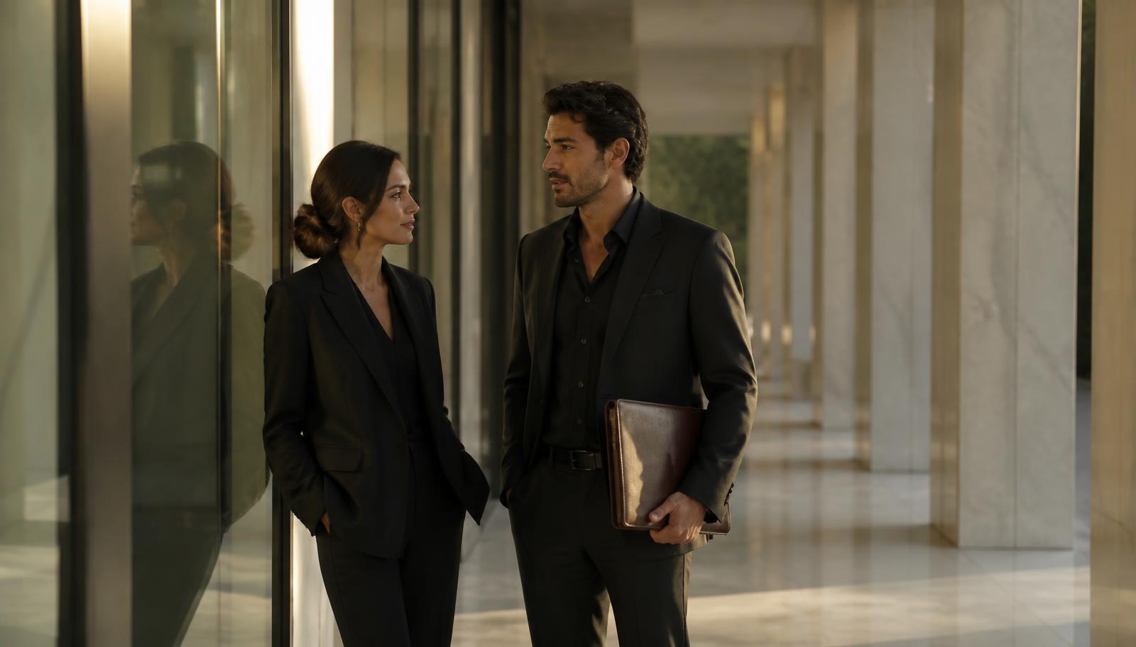 Two advisors in conversation in a marble colonnade