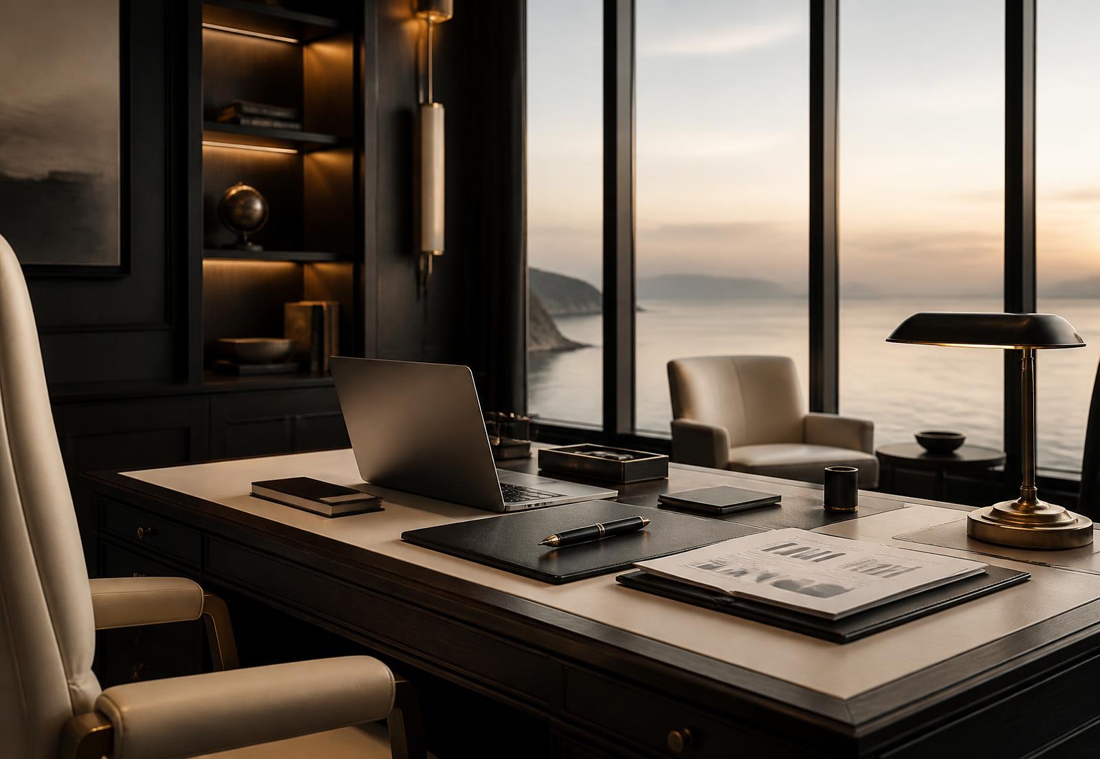 A private advisory study with leather desk, brass lamp and ocean view at dusk