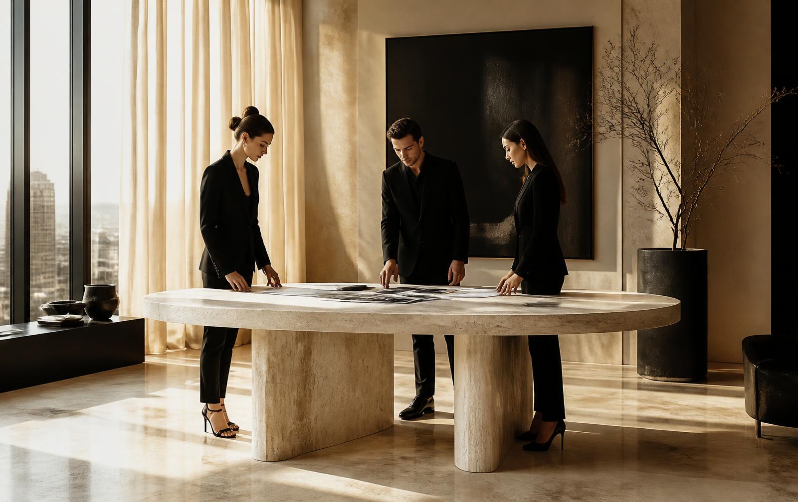 Three advisors reviewing plans around a travertine table in a sunlit high-rise